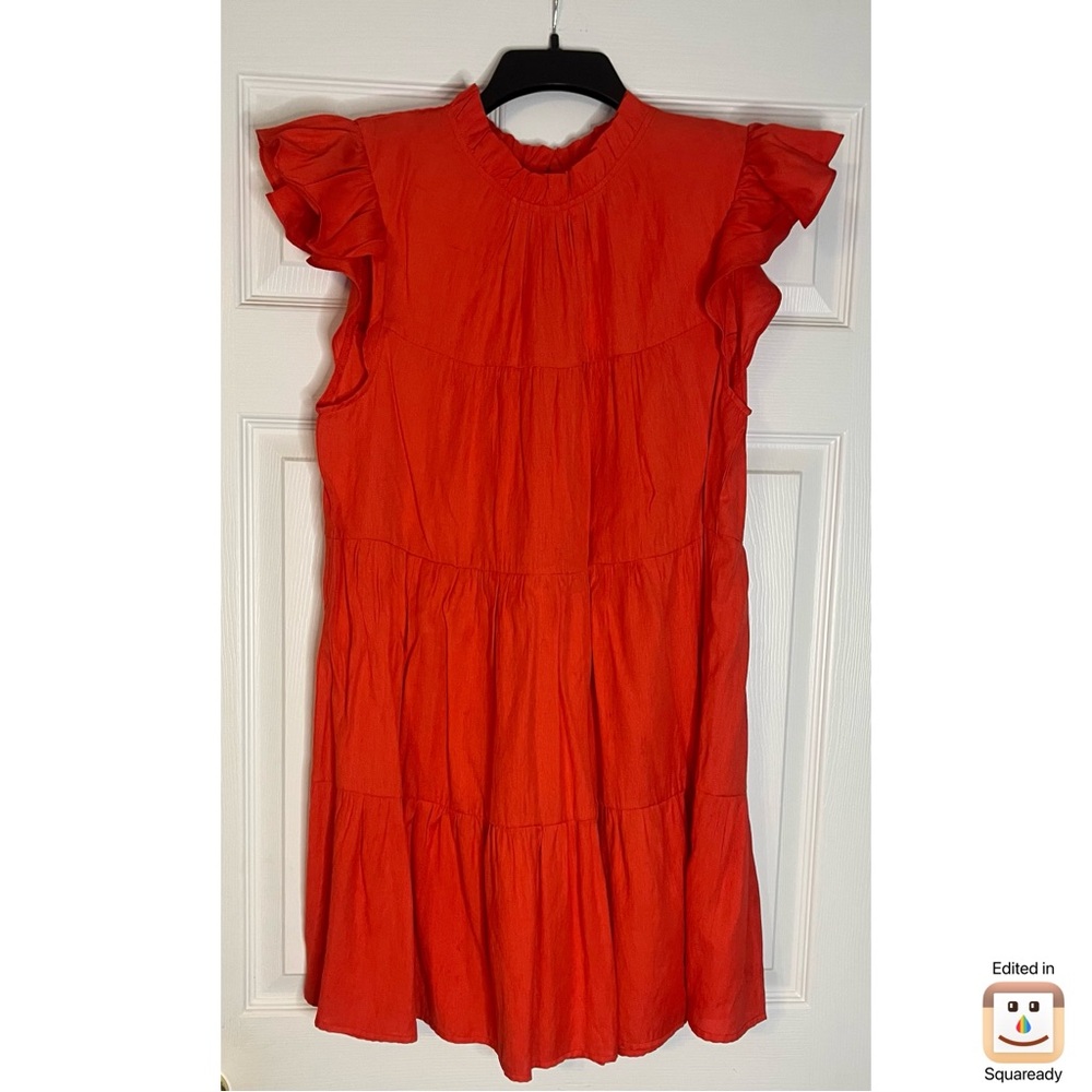 JODIFL Coral Red Gathered Neck Dress - Picture 2 of 5